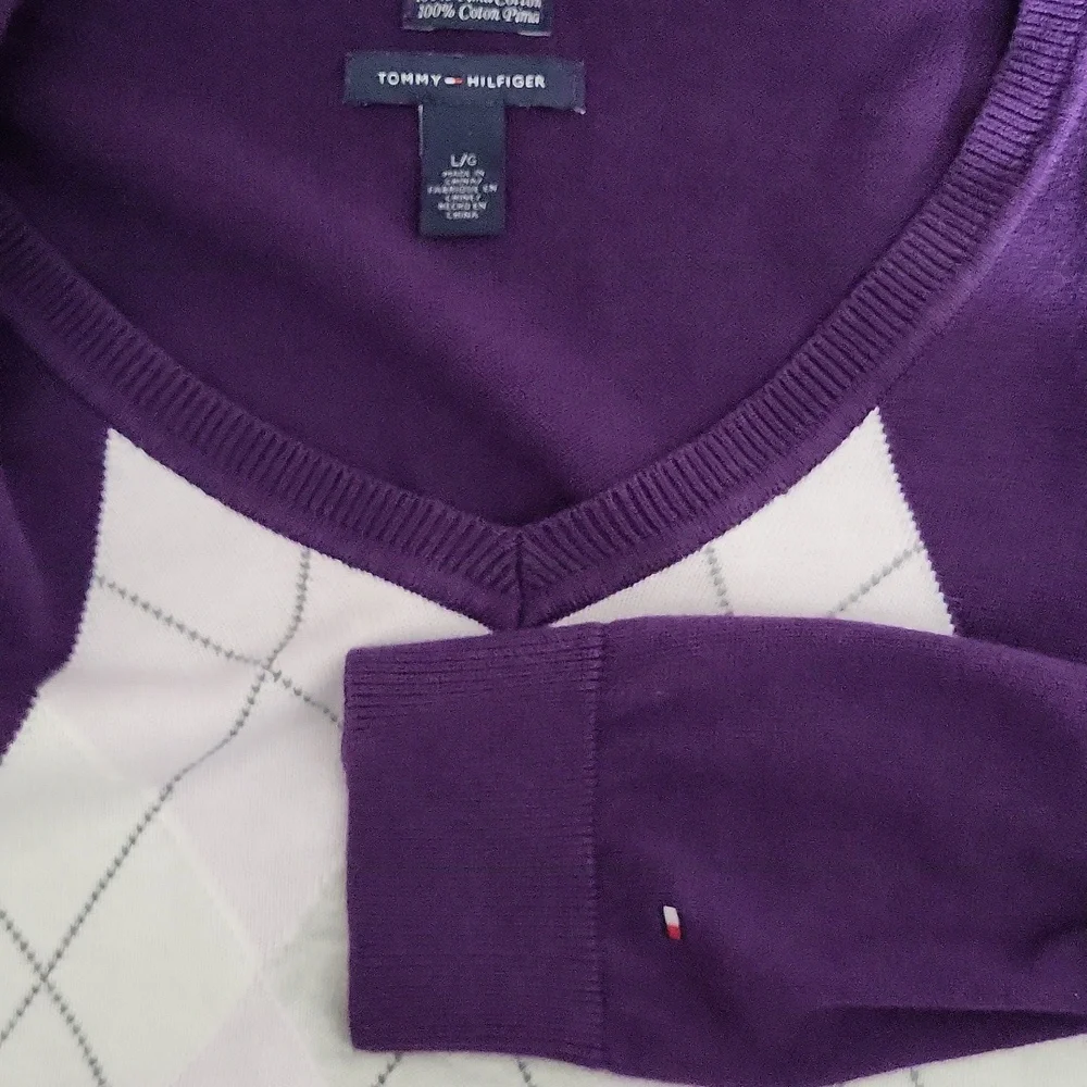 Tommy Hilfiger Womens Large Purple Argyle Sweater Pima Cotton Preppy Designer‎